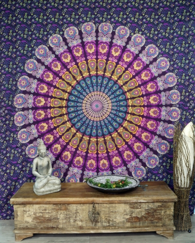 Boho-Style Wandbehang, indische Tagesdecke Mandala Druck- blau/lila - 220x210x* cm 