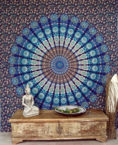 Boho-Style Wandbehang, indische Tagesdecke Mandala Druck- blau/lila/wei - 230x210x0,2 cm 