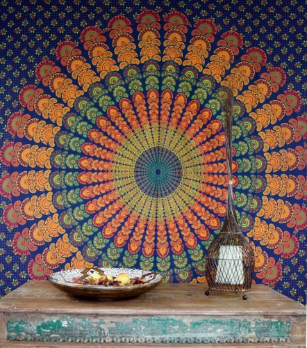 Boho-Style Wandbehang, indische Tagesdecke Mandala Druck - blau/orange/grün - 220x210 cm