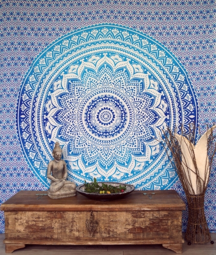 Boho style wall hanging, Indian bedspread mandala print- blue/turquoise - 230x210x0,2 cm 