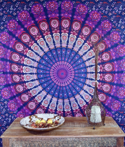 Boho-Style Wandbehang, indische Tagesdecke Mandala Druck- lila/blau - 240x210x0,2 cm 
