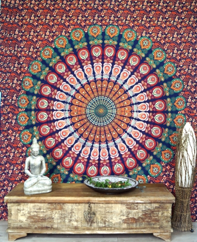 Boho style wall hanging, Indian bedspread mandala print- orange/blue - 210x230x0,5 cm 