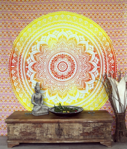 Boho-Style Wandbehang, indische Tagesdecke Mandala Druck - orange/gelb - 230x210x0,2 cm 