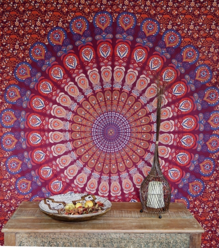 Boho-Style Wandbehang, indische Tagesdecke Mandala Druck - lila/rot/orange - 240x210 cm
