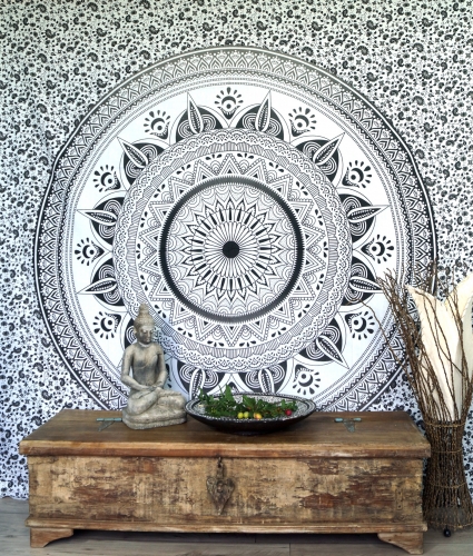 Boho-Style Wandbehang, indische Tagesdecke Mandala Druck- schwarz/weiß - 230x210 cm