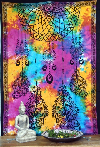 Boho-style wall hanging, Indian bedspread - chakra dreamcatcher/rainbow - 190x140x0,2 cm 