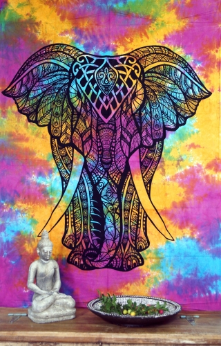 Boho-Style Wandbehang, indische Tagesdecke  - Chakra Yogi Elefant / Regenbogen - 190x140x0,2 cm 