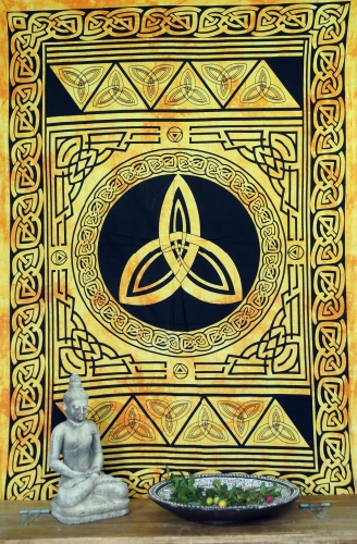 Boho-Style Wandbehang, indische Tagesdecke - Keltischer Knoten / goldgelb - 190x140x0,2 cm 