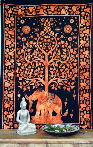 Boho-Style Wandbehang, indische Tagesdecke - Tree of Life Elefant / orange - 190x140x0,2 cm 