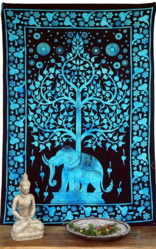 Boho-Style Wandbehang, indische Tagesdecke - Tree of Life Elefant / trkis - 190x140x0,2 cm 