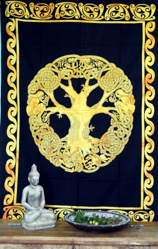 Boho-Style Wandbehang, indische Tagesdecke - Tree of Life / goldgelb - 190x140x0,2 cm 