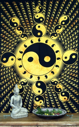 Boho-Style Wandbehang, indische Tagesdecke - Yin Yang / goldgelb - 190x140x0,2 cm 