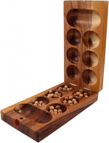 Brettspiel, Gesellschaftsspiel aus Holz - Kalaha mit Glasmurmeln - 5x25x12 cm 