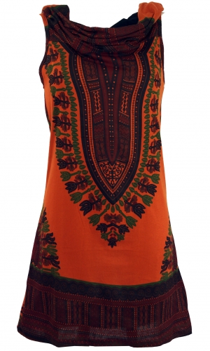 Hooded Dashiki mini dress, Goa festival dress - rust orange