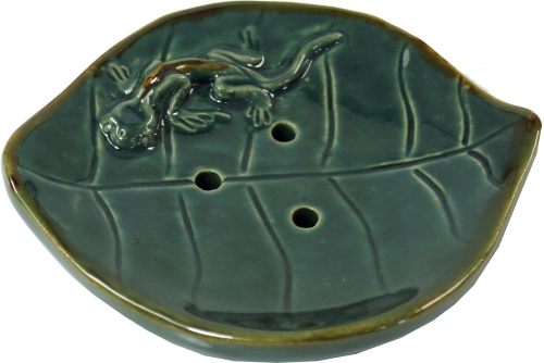 Exotische Keramik Seifenschale - Lotusblatt mit Gecko - 2x10x8 cm 