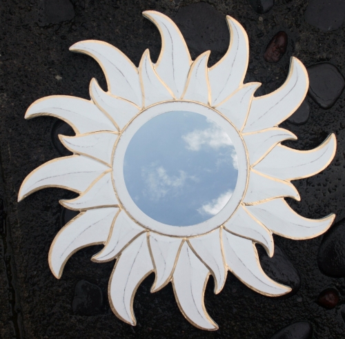 Sun mirror, decorative mirror made of wood in the shape of a sun - small antique white 2 - 33x33x2 cm  33 cm