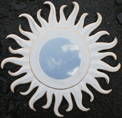 Sun mirror, decorative mirror made of wood in the shape of a sun - small antique white 1 - 33x33x1 cm  33 cm