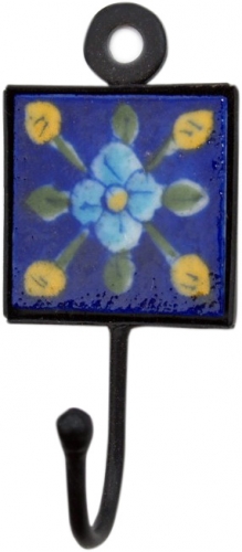 Wall hook, coat hook with handmade blue pottery tile (5*5 cm) - model 6