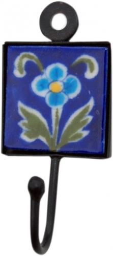 Wall hook, coat hook with handmade blue pottery tile (5*5 cm) - model 11