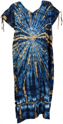 Boho Kaftan, langes Kurzarm Batikkleid, Maxikleid, Strandkleid, Sommerkleid in bergre - blau/beige