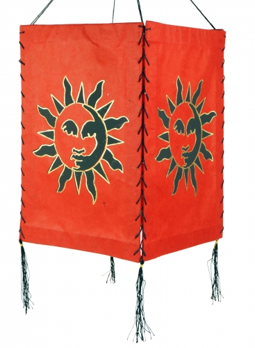 Lokta Papier Hänge Lampenschirm, Deckenleuchte aus handgeschöpftem Papier - Sonne 1 rot - 28x18x18 cm 