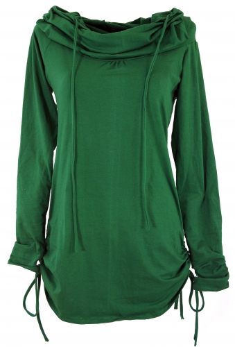 Long shirt, mini dress with wide shawl hood - emerald green