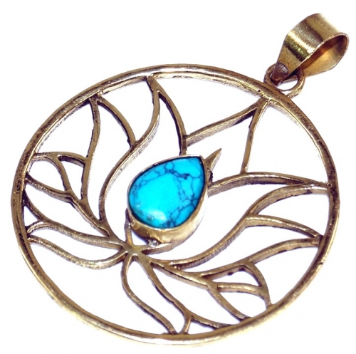 Lotus pendant in brass with turquoise 4 cm