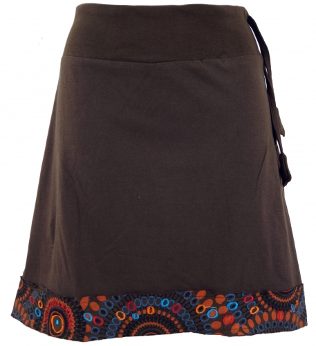 Mini skirt with embroidered hem, boho chic skirt, retro mandala - coffee