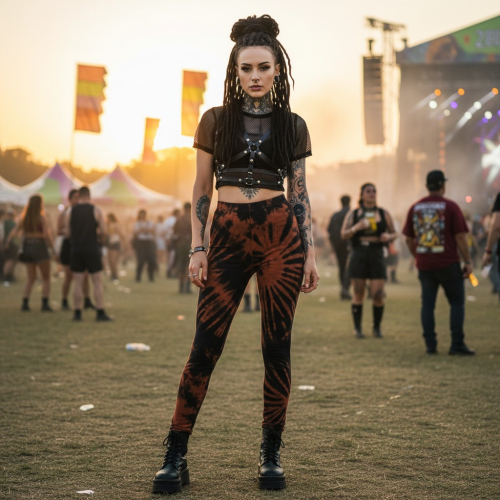 Unikat Batik Damen Leggings, Stretch Hose f�r Frauen, Yogahose - schwarz/rostbraun