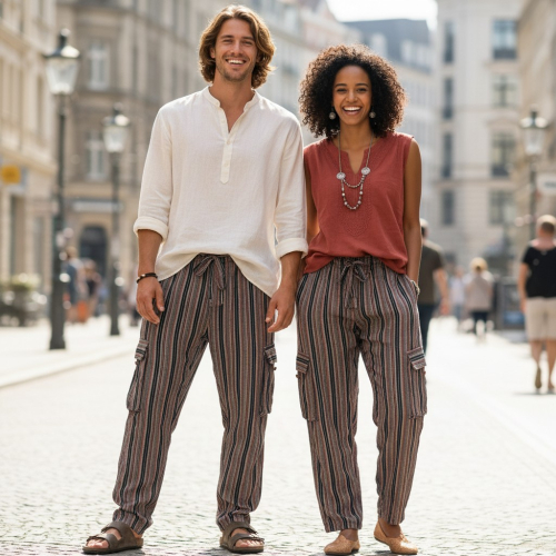 Striped yoga pants, unisex cotton goa pants - black/brown