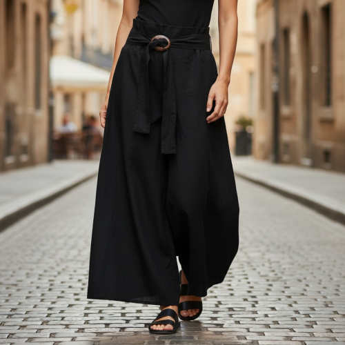 Airy summer pants with coconut buckle, boho palazzo pants, wide cotton pants - black