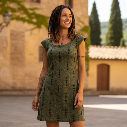 Ethno Minikleid, Goakleid mit �rmelchen und  Druck - olivgr�n