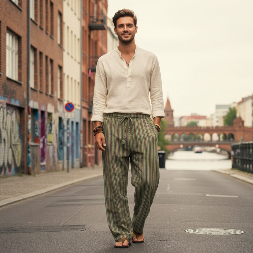 Gestreifte Yogahose, Unisex Baumwoll-Goa-Hose - gr�n