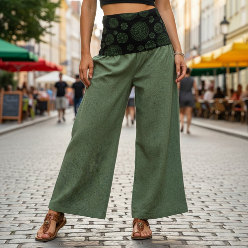 Weite Marlenehose, Wellnesshose, Yogahose, Boho Hose mit breitem Bund - gr�n