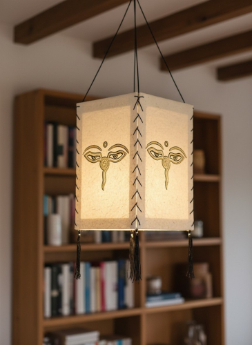 Lokta paper hanging lampshade, ceiling lamp made of handmade paper - Buddha`s eyes white - 28x18x18 cm 
