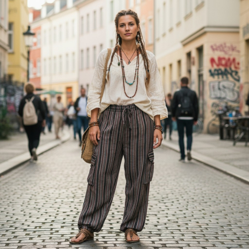 Striped yoga pants, unisex cotton goa pants - black/brown