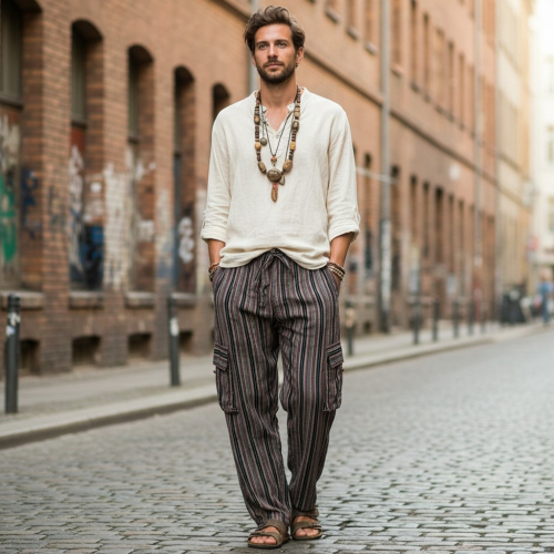 Striped yoga pants, unisex cotton goa pants - black/brown