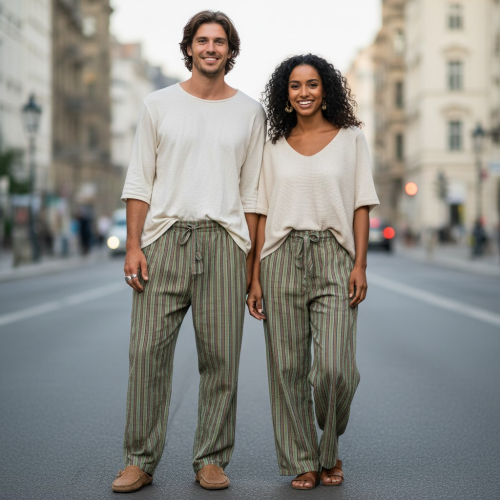 Gestreifte Yogahose, Unisex Baumwoll-Goa-Hose - gr�n