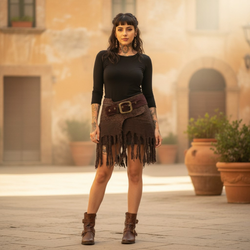 Goa mini skirt, wrap skirt, tribal cacheur, hip flatterer, fringed skirt - brown