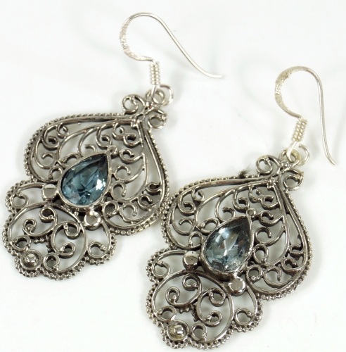 Indian silver earrings, ethno earrings, boho ornament earrings - aquamarine - 3,5x2,5 cm