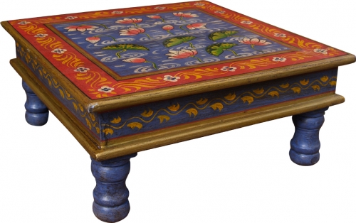 Bemalter kleiner Tisch, Minitisch, Blumenbank - Seerose blau/rot/gelb - 16x38x38 cm 