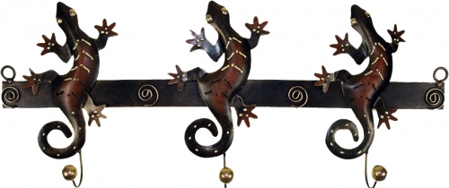 Hook rail with figures, ethno coat hooks, metal coat hooks - geckos - 17x46x4 cm 