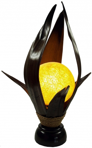 Palmenblatt Lotus Tischlampe / Tischleuchte, in Bali handgemacht aus Naturmaterial, Palmholz - Modell Palmera 7 - 55x39x29 cm 