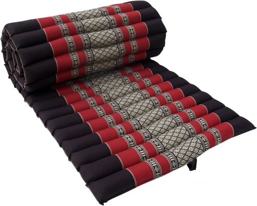 Rollbare Thaimatte, Bodenmatte mit Kapokfllung - schwarz/rot - 4x55x180 cm 
