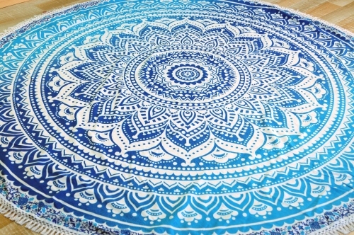 Round Indian mandala cloth, boho bedspread, picnic blanket, beach blanket, round tablecloth - blue - 180x180x0,5 cm  180 cm