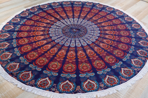 Rundes indisches Mandala Tuch, Boho Tagesdecke, Picknickdecke, Stranddecke, runde Tischdecke - blau/orange  - 180x180x0,5 cm  180 cm
