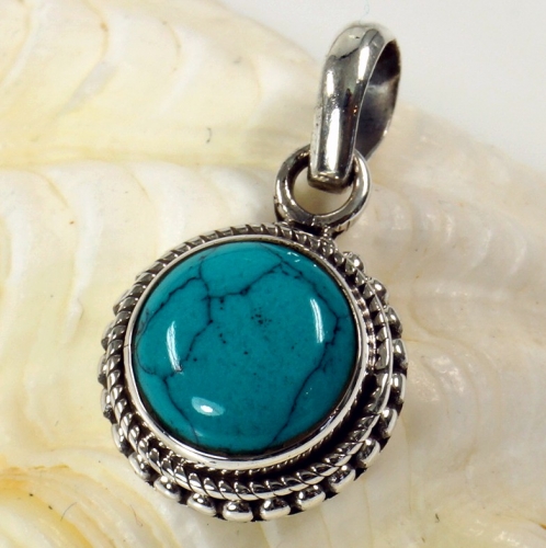 Ethno silver pendant, Indian boho gemstone pendant - turquoise - 1,5x1,5x0,5 cm  1,5 cm