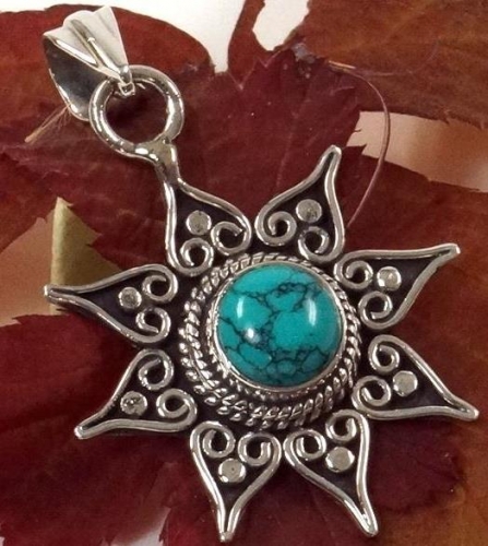 Ethno silver pendant, Brazilian sun pendant - turquoise 3 cm