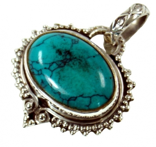 Silver Pendant, Indian Boho Chain Pendant - Turquoise - 1,6x2x0,7 cm 