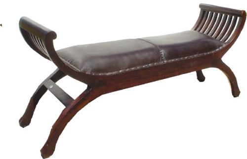 Large colonial-style bench with upholstered leather seat - Model 7 - 58x125x35 cm 